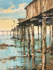 Vintage Handmade Landscape Painting: Seaside Piers and Pier Craft, Original Dock Art