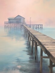 Vintage Seaside Piers Morning Mist Painting: Foggy Pier at Dawn, Dock View