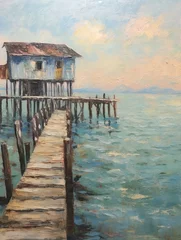Fotobehang Vintage Seaside Piers Impressionist Landscape: Artistic Dock Scene of a Serene Seaside Ambiance © Michael