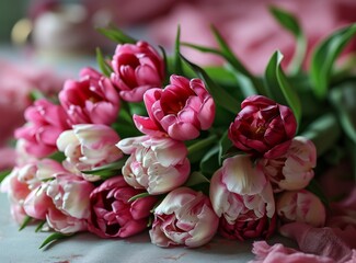 Bouquet of pink and white tulips on the table.