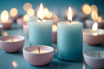 Fototapeta na wymiar Close-Up View of Brilliant Blue Candles Burning Bright, Casting a Calm and Magical Aura