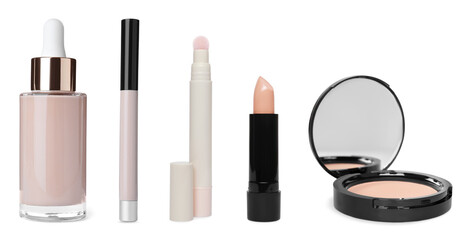 Face powder and other makeup products isolated on white, set