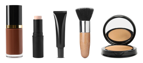 Face powder and other makeup products isolated on white, set