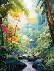 Watercolor Coastal Landscapes, Rainforest Landscape, Seaside Jungle Art: Harmonious Fusion of Watercolors and Scenic Wonders.