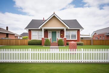 Fototapeta na wymiar red brick bungalow with a manicured lawn and a white picket fence