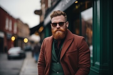 Obraz premium Portrait of a red-bearded hipster in a coat and sunglasses on the street.