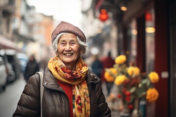 Portrait of happy senior woman walking in the street in Paris, France.