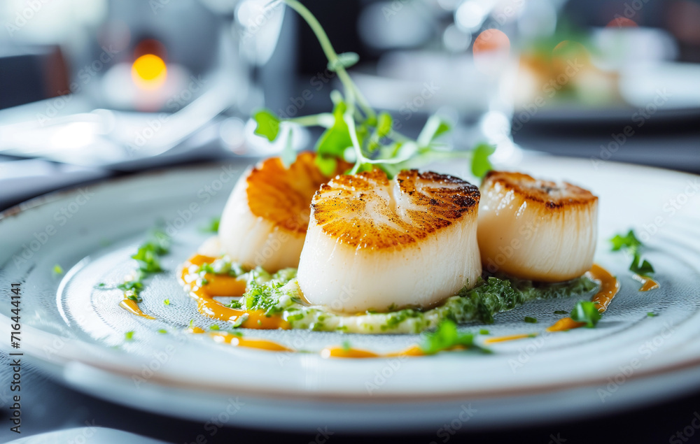 Wall mural pan-fried scallops with sauce on white plate