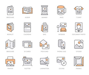 Photo printing line icon set. Brand identity printed on products like brochure, banner, mug, plotter vector illustrations. Simple outline signs for polygraphy. Orange Color. Editable Strokes