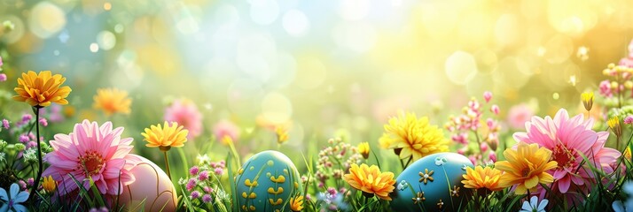 Obraz na płótnie Canvas Holiday Composition Spring Flowers Easter Eggs, Banner Image For Website, Background, Desktop Wallpaper