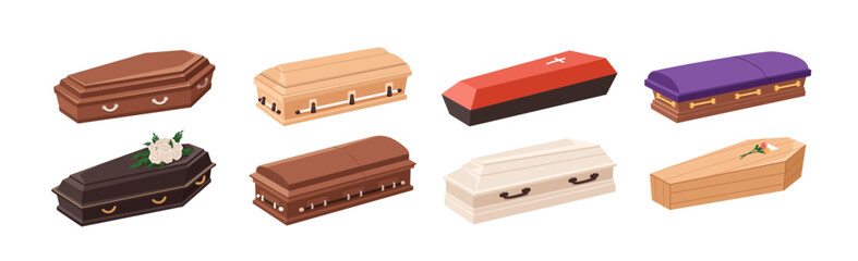 Coffins set. Wood caskets of different designs, shapes. Funeral burial boxes for dead, upholstery, flowers. Closed funerary cases for tomb, grave. Flat vector illustration isolated on white background
