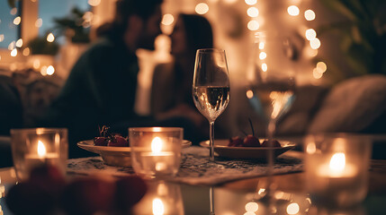 Candlelight dinner with champagne. Couple's First Kiss, A Gourmet Dinner Ready, and Love Blossoming on a Beautiful Valentine's Day Evening. Valentines day girls first blind date. - obrazy, fototapety, plakaty