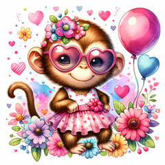 Cute monkey in dress and sunglasses, flowers daisy, balloons, kids cartoon digital illustration
