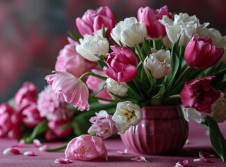 Obraz premium Bouquet of pink and white tulips on the table.
