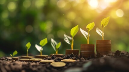 Tree grows on a pile of coins concept of profit saving for the future of investment and business growth for financial prosperity and sustainable development. - obrazy, fototapety, plakaty