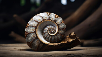 Allure of a shiva shell resting on a piece of weathered driftwood