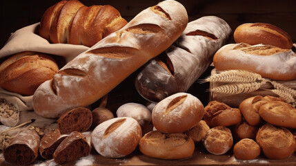 Different types of bread in the bakery. Various bakery products. Handmade Bakery Delights.