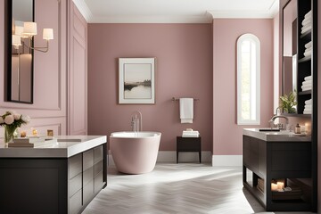 Fototapeta na wymiar Blushing Neutrals: Modern Bath Room Classical Elegance Meets Darker Pink Minimalism
