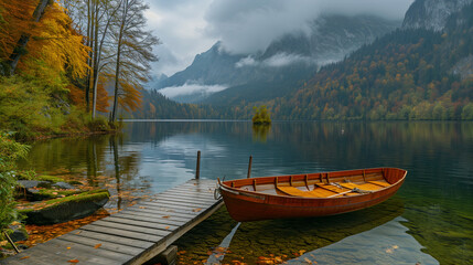 serene mountain lake with a wooden rowboat landscape autumn fall mountains peaceful stillness and isolation tranquility natural beauty alpine lakes - obrazy, fototapety, plakaty