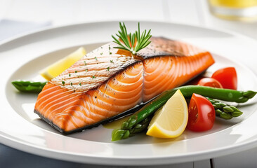 Grilled salmon fillet on a white plate.