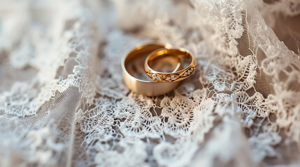 Obraz na płótnie Canvas A close-up of intertwined gold wedding rings placed on a bed of delicate white lace with soft, warm lighting