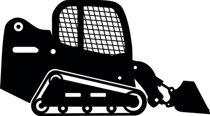 Silhouette of Skid Steer Loader with Bucket and Track Icon in Flat Style. Vector Illustration