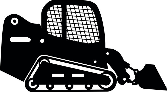 recommend clip art: Silhouette of Skid Steer Loader with Bucket and Track Icon in Flat Style. Vector Illustration