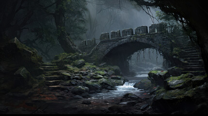 Desolation of a forgotten stone bridge surrounded by tangled vines and overgrown trees