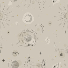 Celestial seamless vector pattern. Pattern with woman hands, stars, moons - 716446932