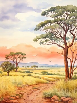 Wild African Savannas Watercolor Landscape - Handmade Nature Scene Art