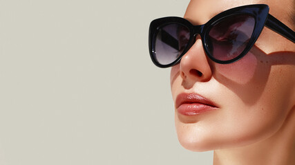 Eye wear fashion. Classic sunglasses shape. Beautiful model posing in cat eyes black glasses...