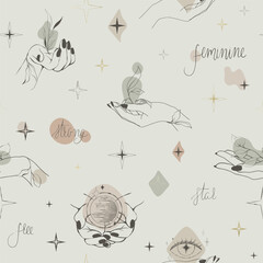Celestial seamless vector pattern. Pattern with woman hands, stars, moons - 716447174