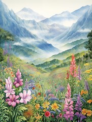 Wildflower Fields and Misty Mountain Peaks: Vintage Art Print