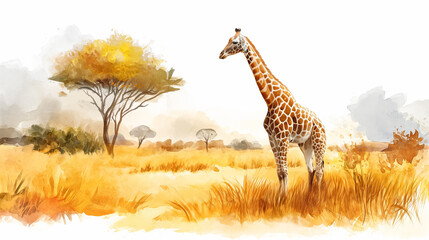 Obraz premium giraffe on a yellow background , watercolor style , close-up