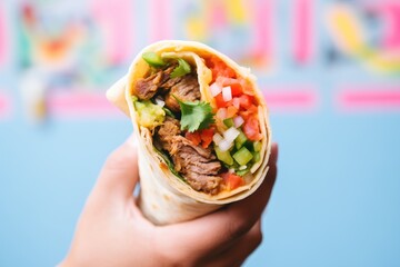 hand holding a burrito wrap with salsa - 716447332