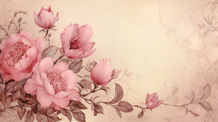 Shabby chic beige background with beautiful pink peonies, vintage wallpaper, minimalistic illustration with copy space	