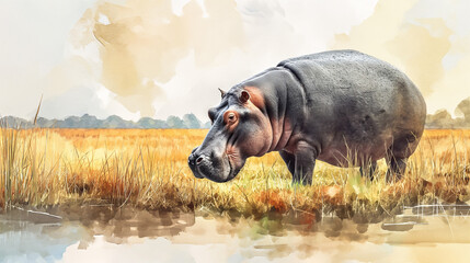 a hippopotamus in watercolor style on a yellow background
