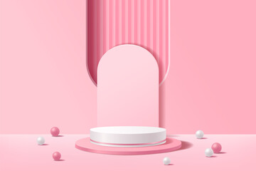 3D white and pink cylinder pedestal podium with a backdrop of geometric abstract arched window