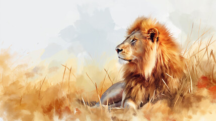 a lion resting in the savannah on a hot sunny day, profile view, watercolor style, book cover - obrazy, fototapety, plakaty
