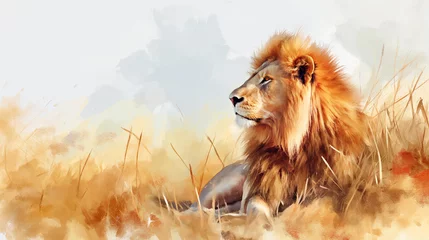 Foto op Plexiglas a lion resting in the savannah on a hot sunny day, profile view, watercolor style, book cover © Levan