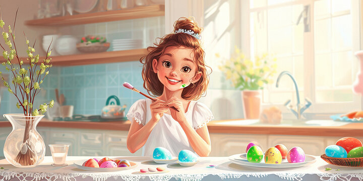 Cheerful little girl paints eggs for Easter, got her face dirty with paint. Concept of religious and family holidays. Spring Festival. Illustration