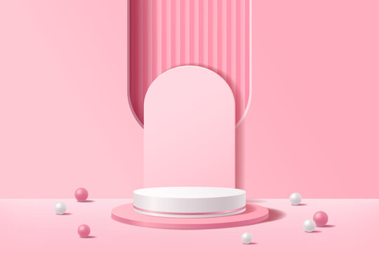 3D white and pink cylinder pedestal podium with a backdrop of geometric abstract arched window © MrArtHit