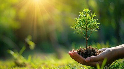 Hand holdig big tree growing on green background with sunshine - obrazy, fototapety, plakaty