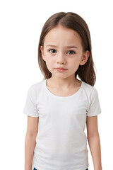 Sad little girl wearing a white t-shirt and looking at the camera. Sad or unsatisfied face. isolated, transparent background, no background. PNG.