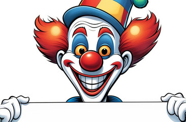 cute smiling portrait of a clown holding a blank sheet of paper as as sign, promo, banner or ad, plain studio background