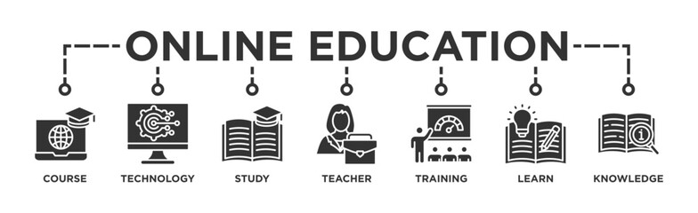 Online education banner web icon vector illustration concept with icon of course, technology, study, teacher, training, learn and knowledge