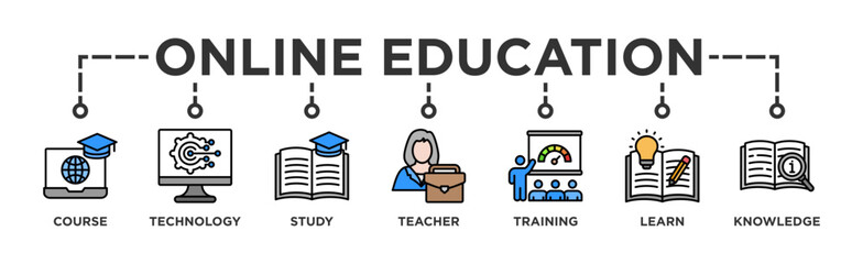 Online education banner web icon vector illustration concept with icon of course, technology, study, teacher, training, learn and knowledge