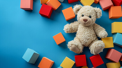 Kids toys background with teddy bear and colorful