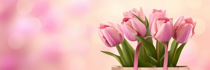  Pink Tulips Shopping Bag Space Text, Banner Image For Website, Background, Desktop Wallpaper