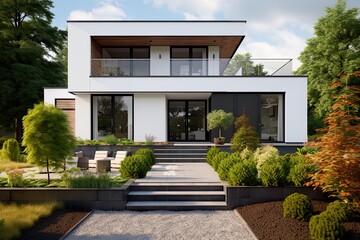 Fototapeta na wymiar Modern minimalist white house with glass windows and a swimming pool